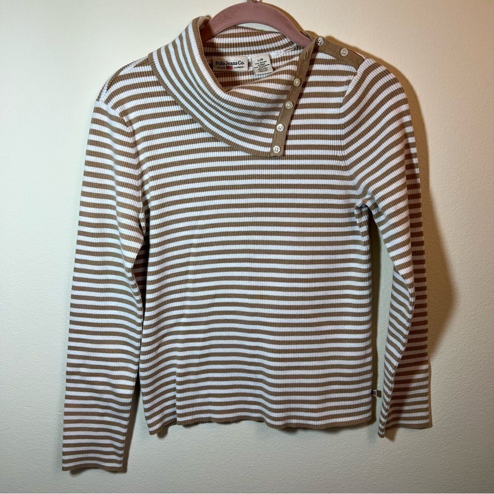 ✨ Polo‎ Jeans Co. Ralph Lauren Women’s Tan White Striped Turtleneck Top Large